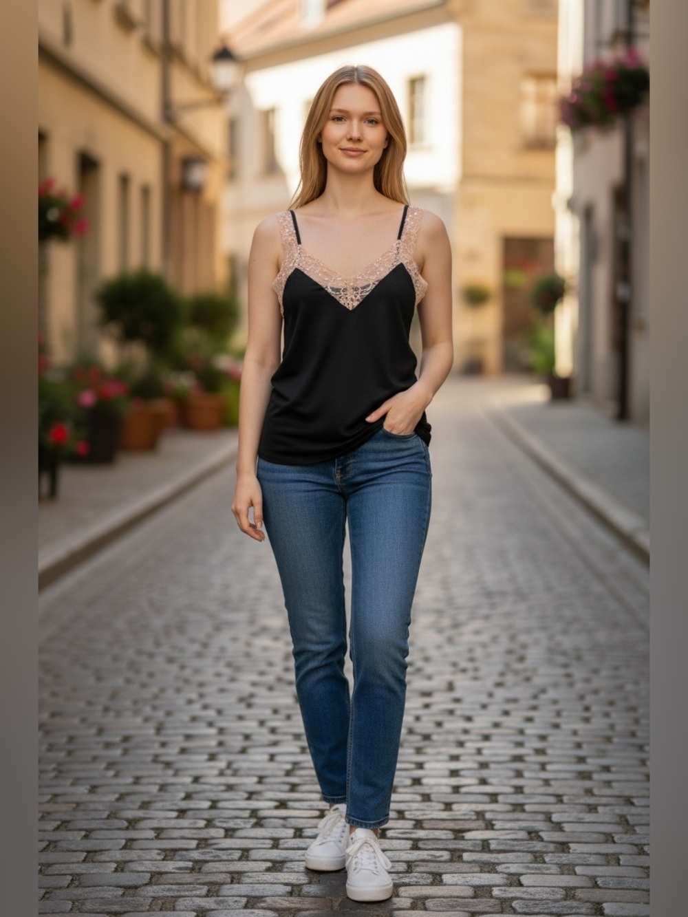 Costa Blanca Black Cami with Cream Lace Accents